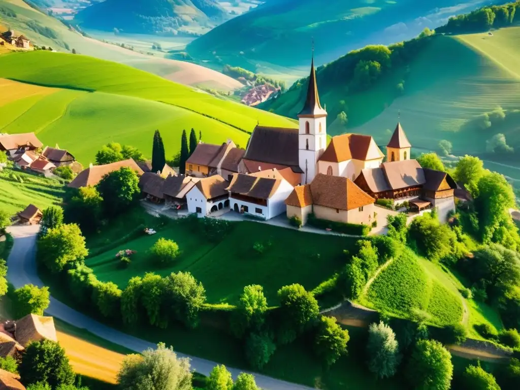 Vista aérea de Biertan, Rumanía, con sus casas coloridas y la iglesia fortificada, rodeada de colinas verdes