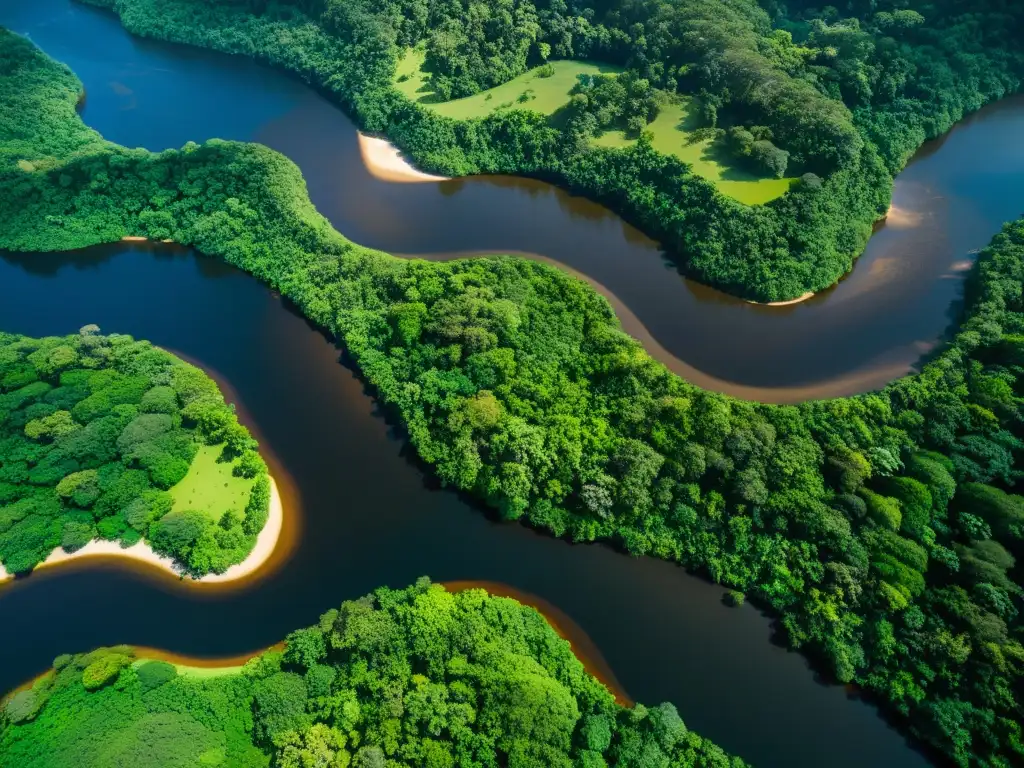 Vista aérea detallada del sinuoso río Amazonas, con exuberante vegetación y juegos de luz y sombra