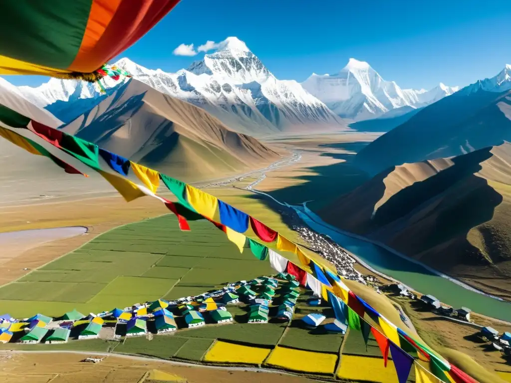 Vista aérea impresionante del altiplano tibetano con montañas nevadas y coloridas banderas de oración