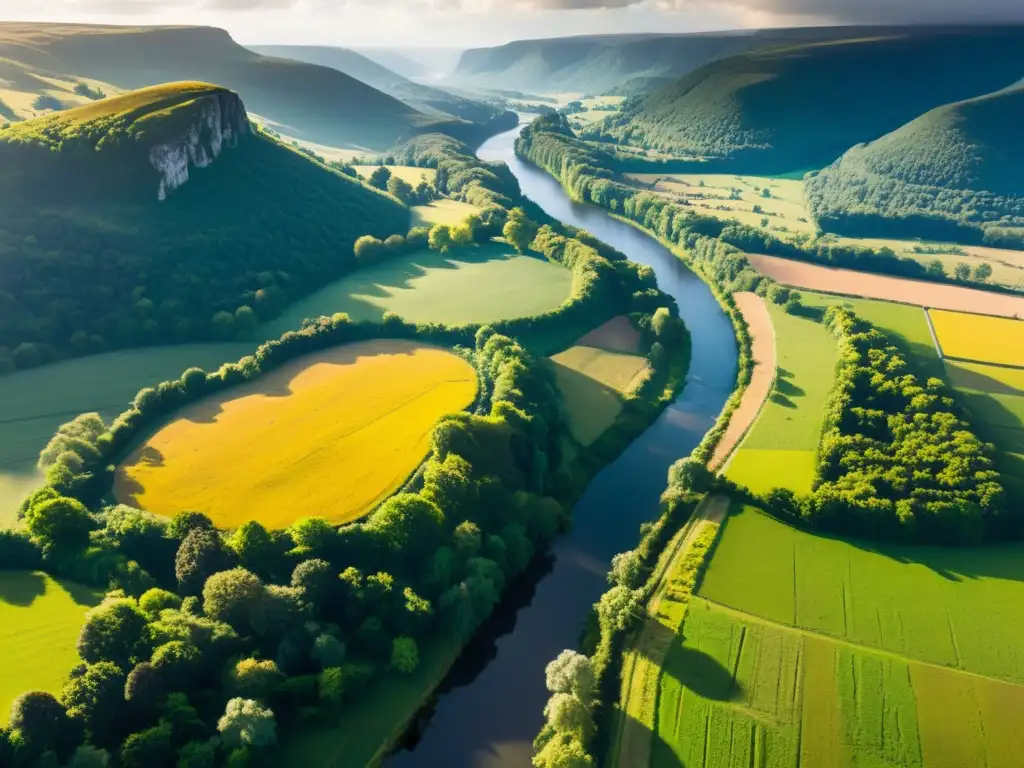 Vista aérea impresionante de paisaje con ruinas antiguas, ríos serpenteantes y montañas místicas