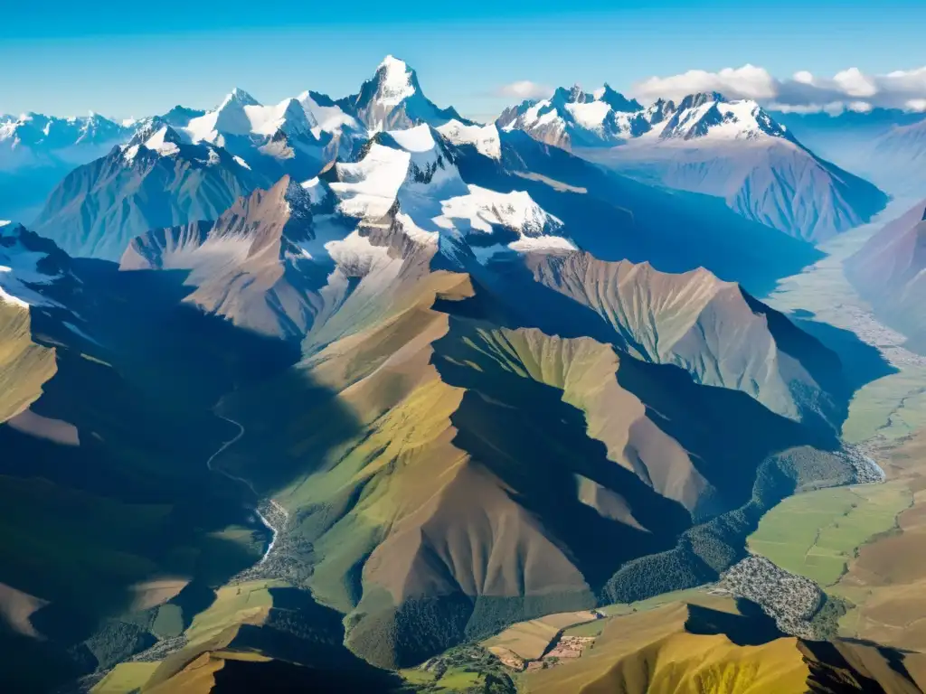 Una vista aérea de los majestuosos picos nevados de los Andes y los valles verdes, con riqueza cultural y lingüística Kichwa