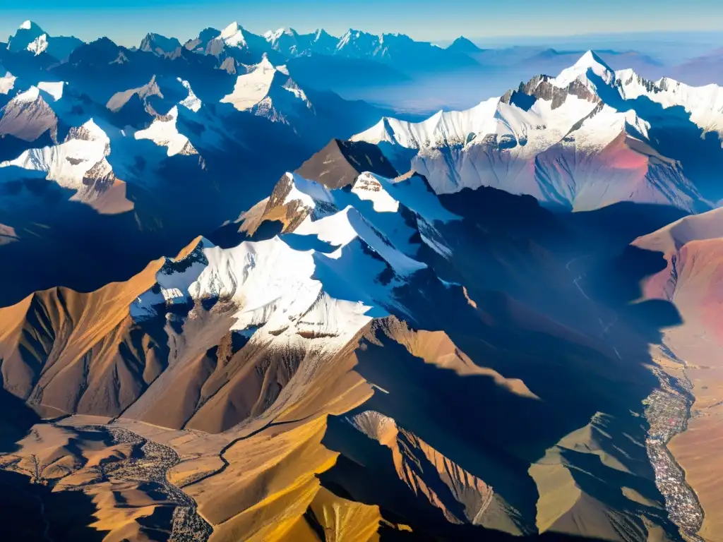 Vista aérea de los misteriosos orígenes de la lengua Quechua en los majestuosos Andes, bañados por la luz dorada del atardecer