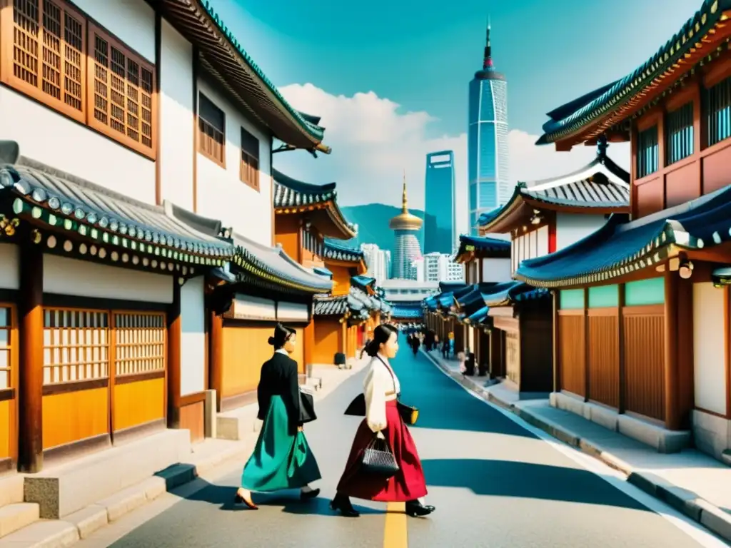 Vista de la bulliciosa calle de Seúl con una mezcla de arquitectura tradicional y avances tecnológicos, gente vistiendo hanbok y ropa moderna