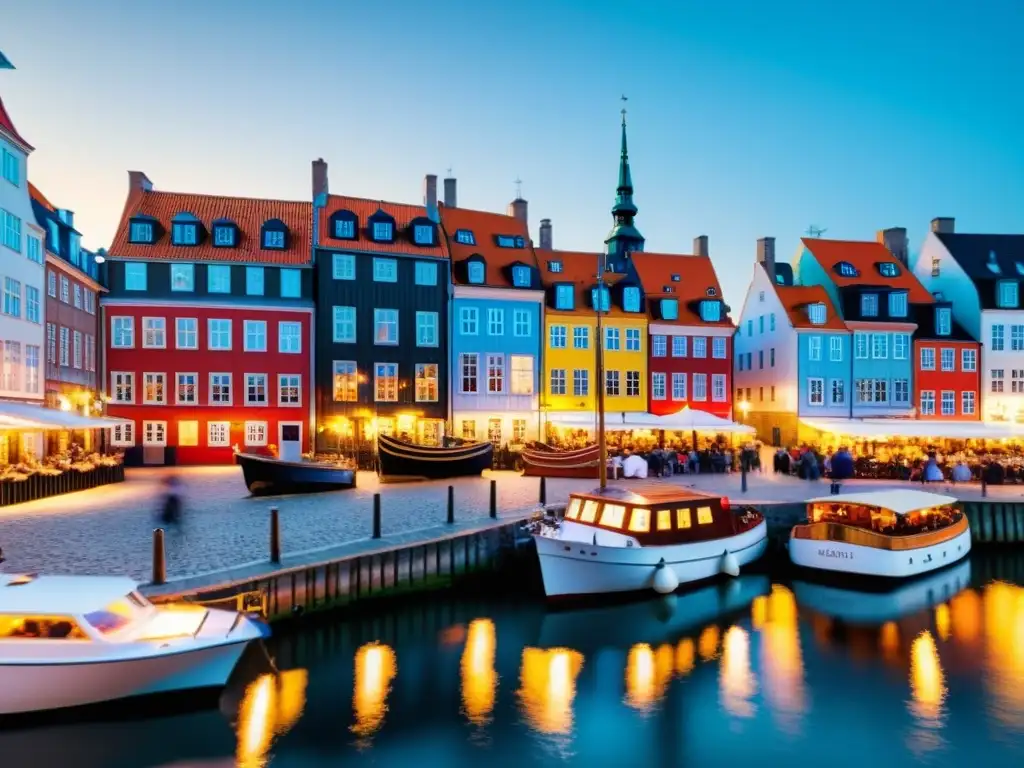 Vista detallada de Nyhavn, Copenhague: coloridas casas del siglo XVII, cafés y barcos