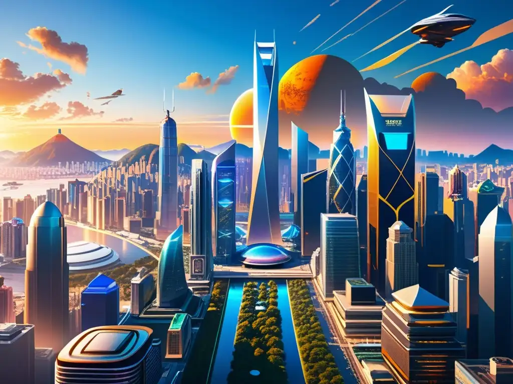 Vista detallada de una futurista ciudad global con rascacielos, letreros holográficos en mandarín e inglés, y avanzados sistemas de transporte