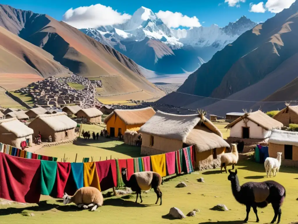 Vista detallada de un pueblo andino con diversidad lingüística en los Andes, gente indígena, llamas y alpacas, y coloridos textiles tradicionales