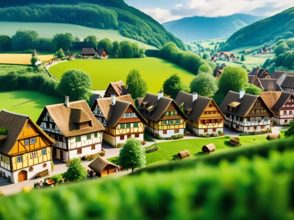 Vista detallada de un pueblo germánico antiguo con casas de madera, personas vestidas con trajes tradicionales y un paisaje exuberante