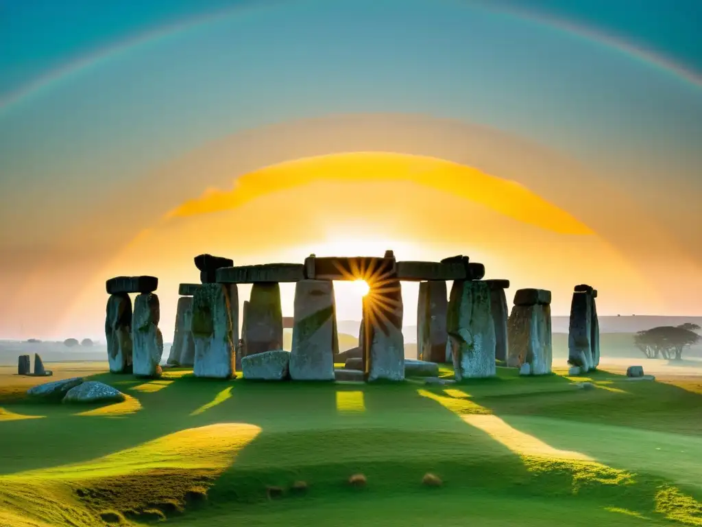 Vista impresionante del antiguo monumento Stonehenge al amanecer, con un cálido resplandor dorado y detalles intrincados