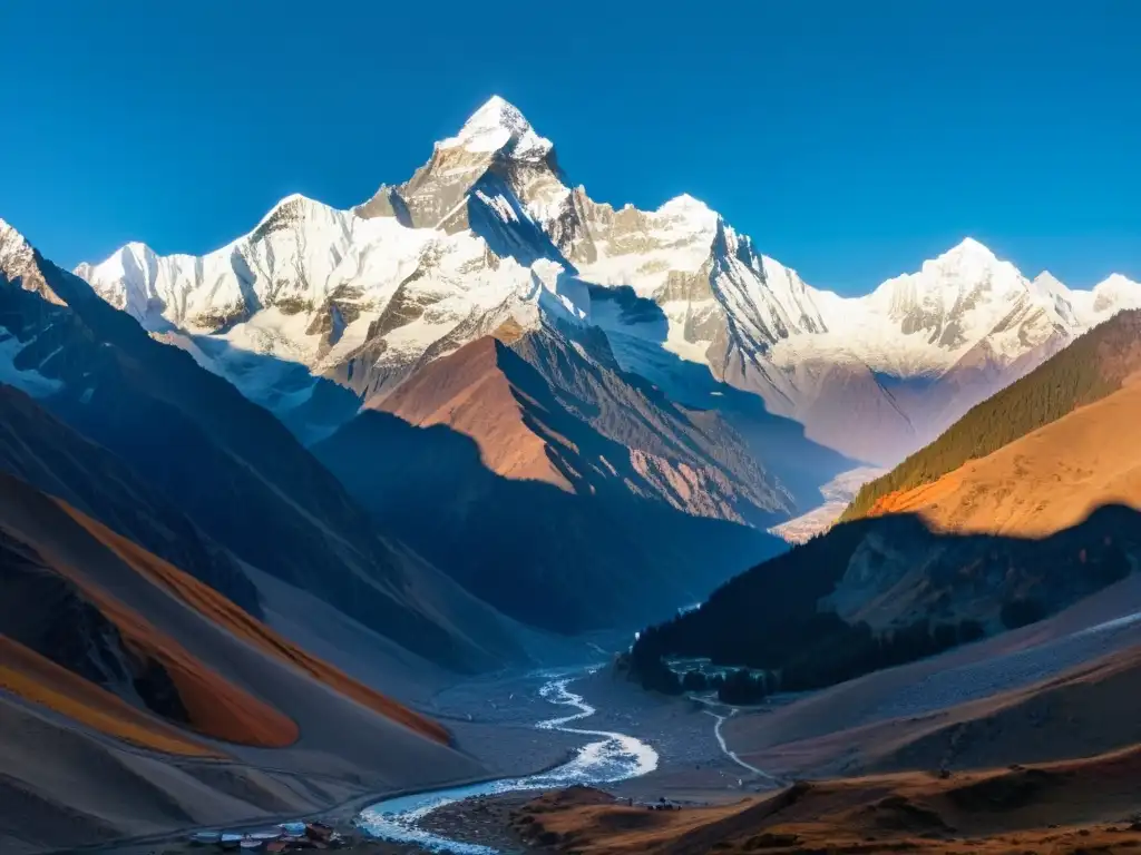 Vista impresionante de la majestuosa cordillera del Himalaya al amanecer, con picos nevados en tonos cálidos