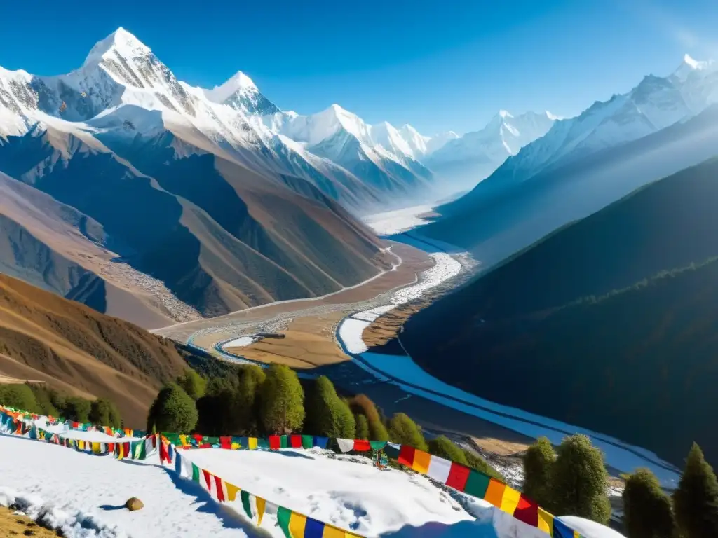 Vista impresionante del Himalaya con picos nevados y banderas de oración