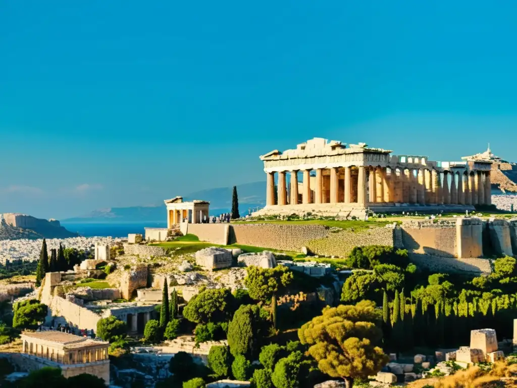 Una vista majestuosa de la Acrópolis en Atenas, Grecia, con el Partenón y otras ruinas antiguas destacando contra un cielo azul