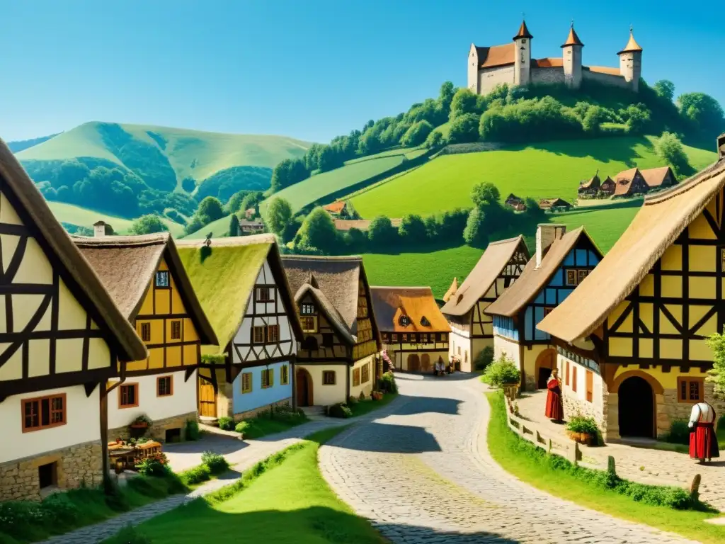 Vista sepia de un pueblo medieval germánico con casas tradicionales, calles empedradas y gente vestida con atuendos tradicionales