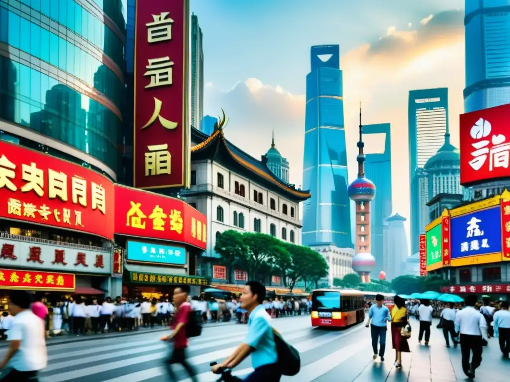 Vista vibrante de calles en Shanghai, con arquitectura tradicional china junto a modernos rascacielos