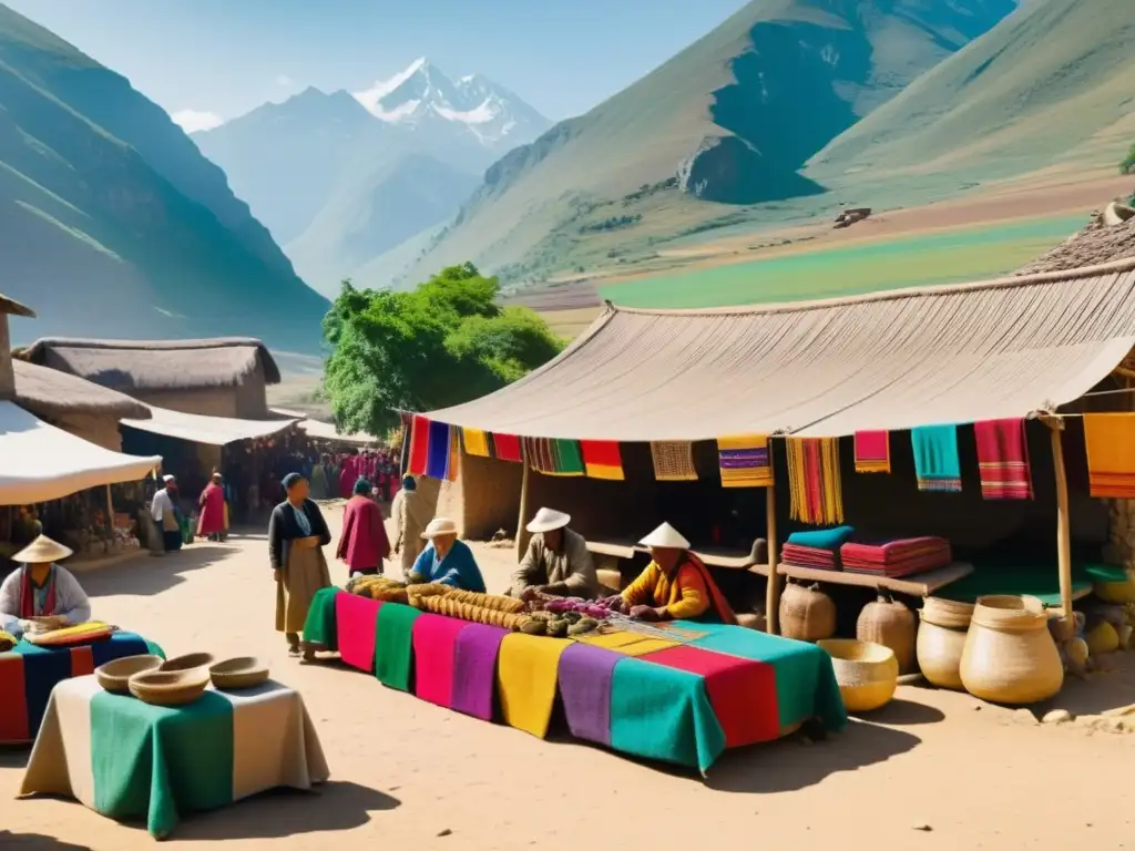 Vista vintage de mercado en pueblo remoto, artesanías locales y paisaje montañoso