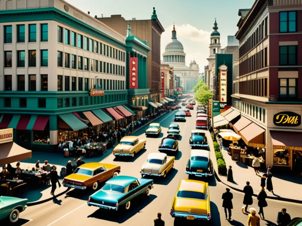 Vista vintage de la vida urbana con autos clásicos y gente en actividades diversas