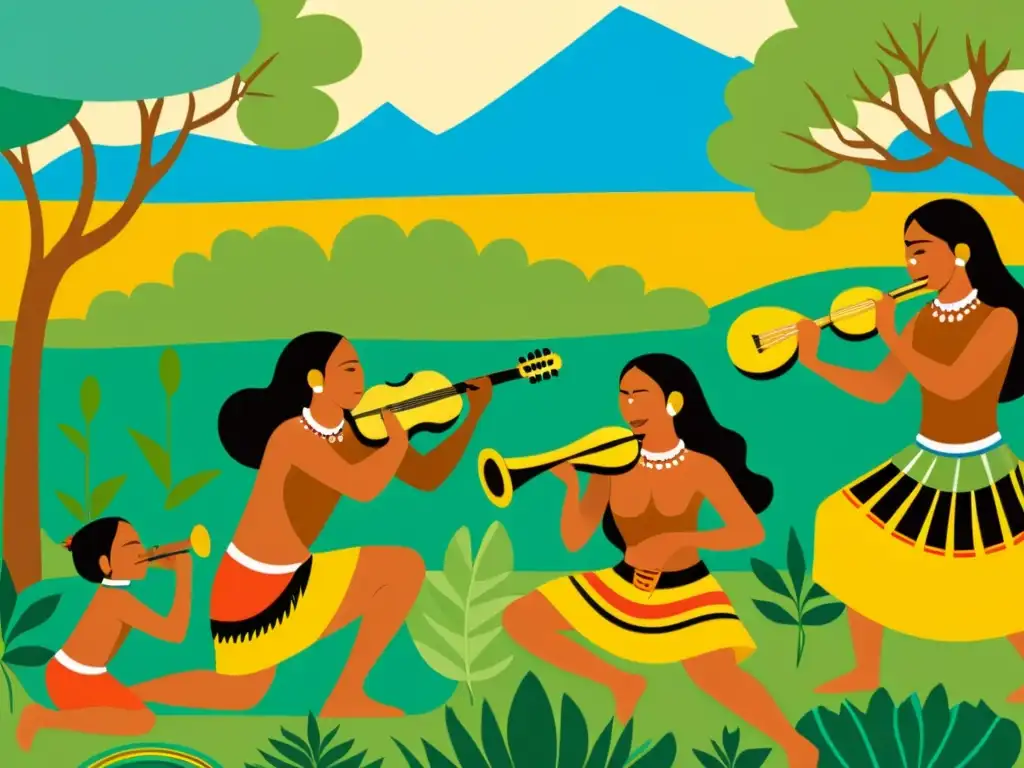 Un vívido cuadro de la vida cultural de los Guarani, con danzas, música y artesanía tradicional en un entorno natural exuberante